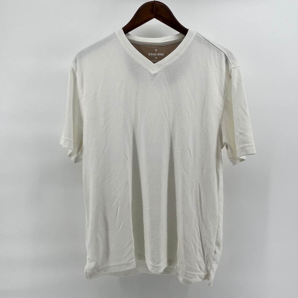 Burma Bibas Mens White Ribbed V-Neck Short Sleeve T-Shirt Size M
